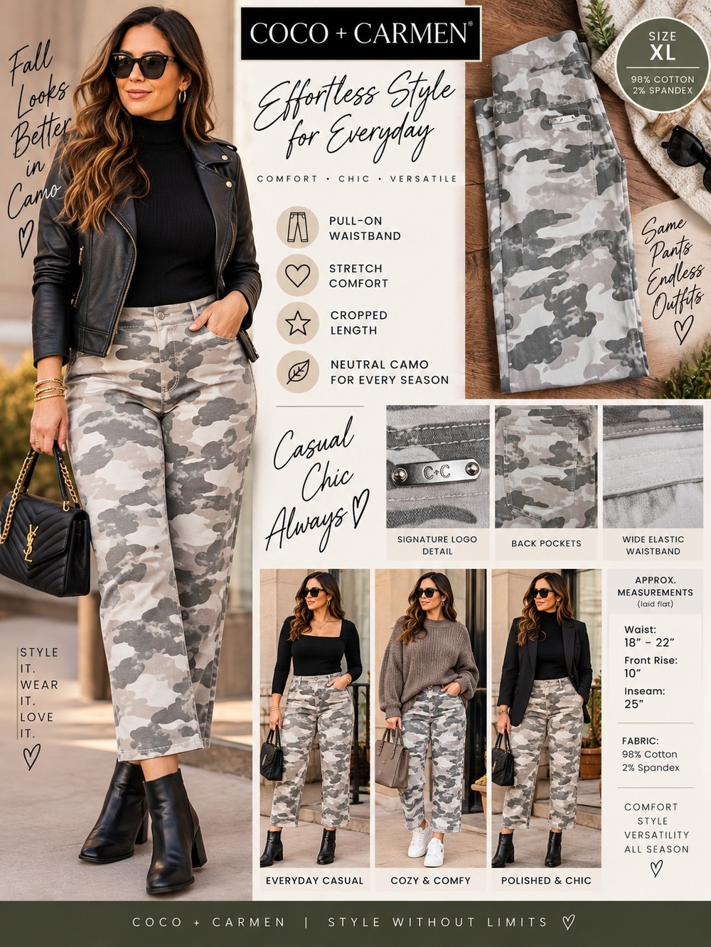 Coco + Carmen Camo Pull On Stretch Pants Gray Taupe XL Cropped